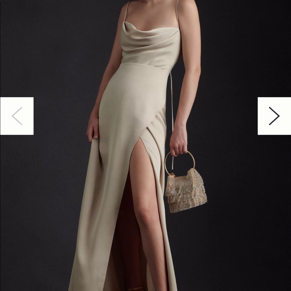 New- BHLDN Cowl-Neck Faux-Wrap Satin Gown in moss